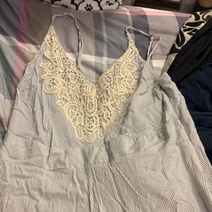 Xhilaration Striped Tank Top with Lace Detail - Cream and Gray